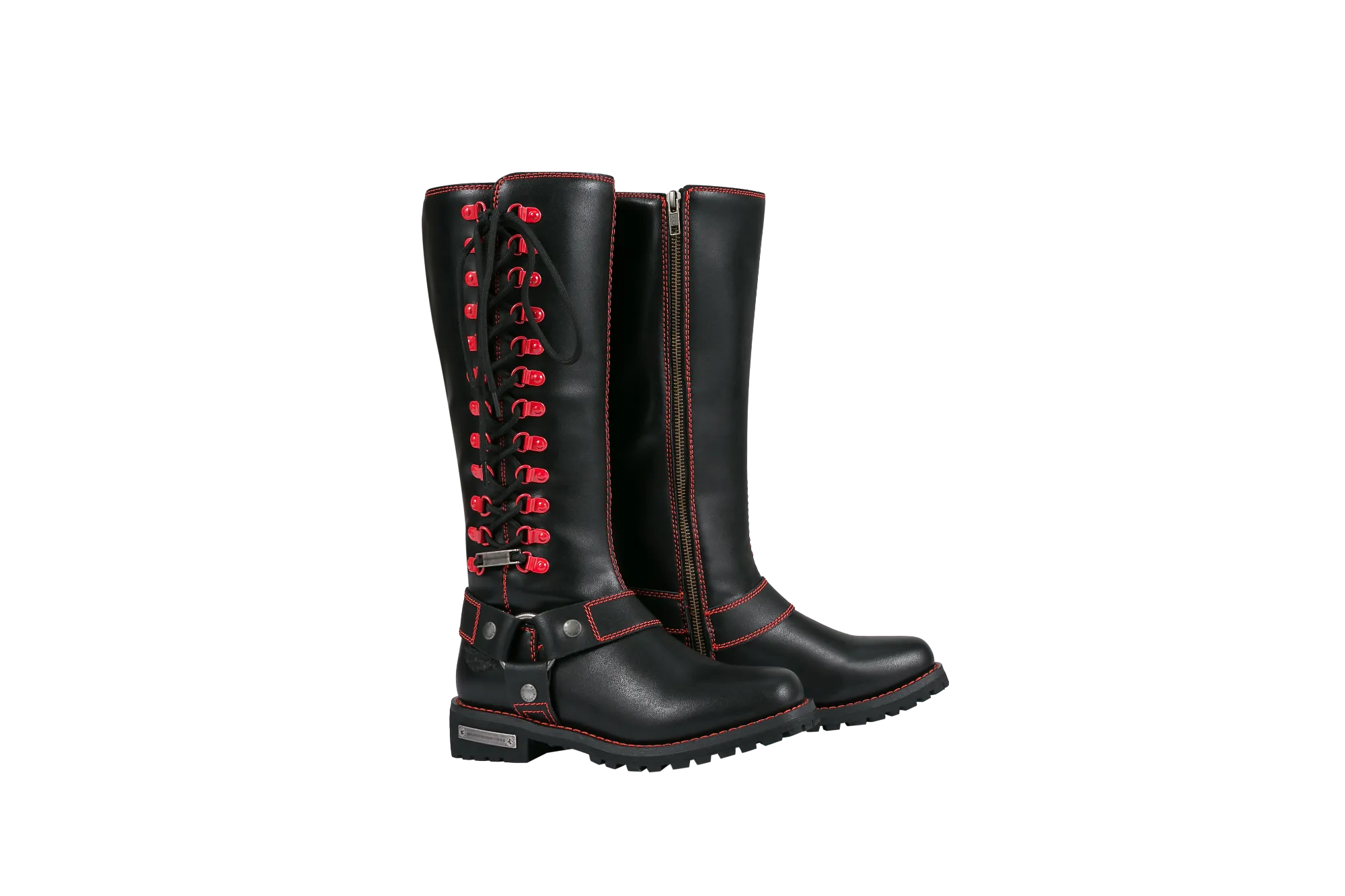 Women's Long Laced and Zipper Side Biker Boots Red Trim