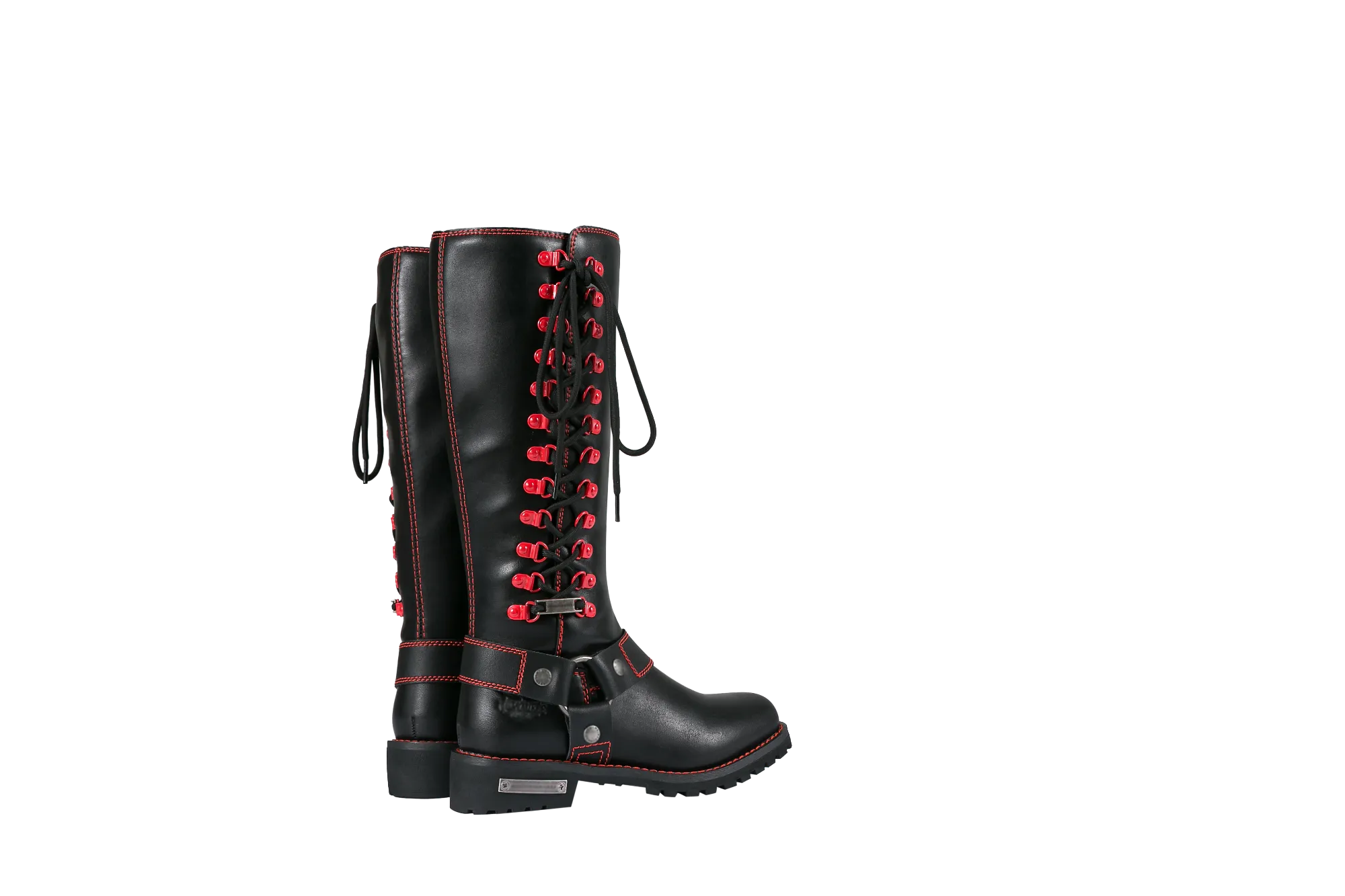 Women's Long Laced and Zipper Side Biker Boots Red Trim