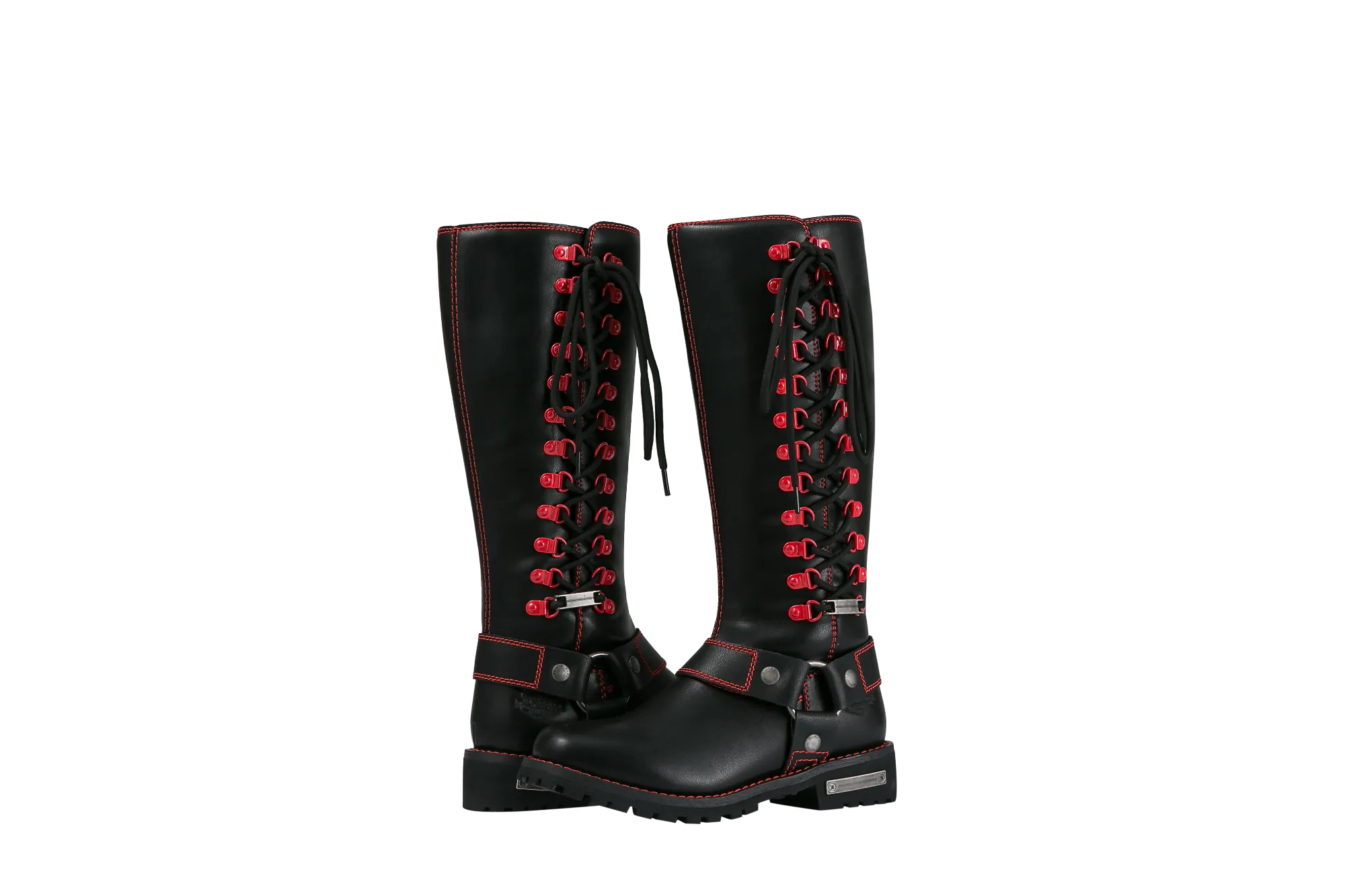 Women's Long Laced and Zipper Side Biker Boots Red Trim