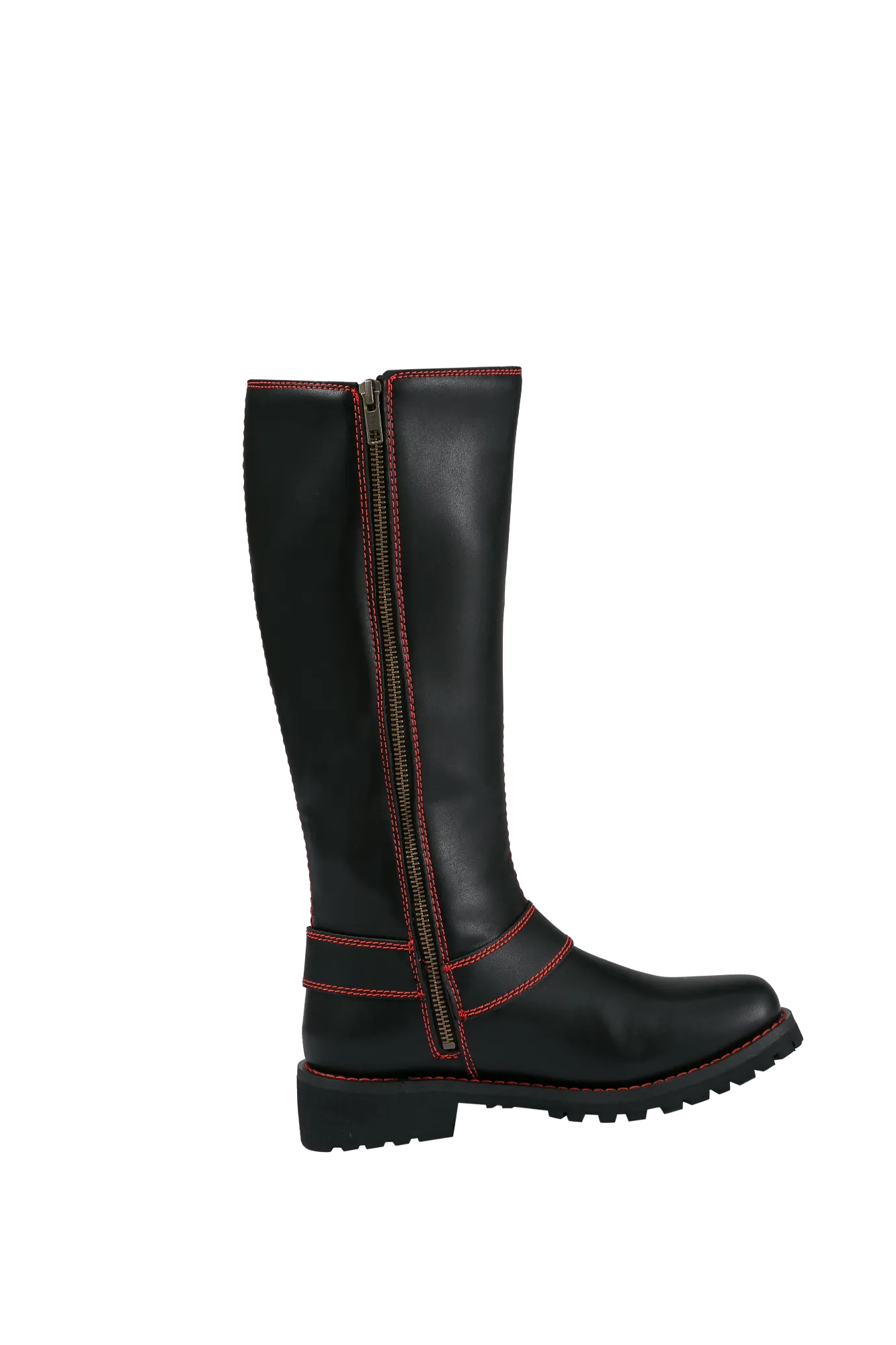 Women's Long Laced and Zipper Side Biker Boots Red Trim