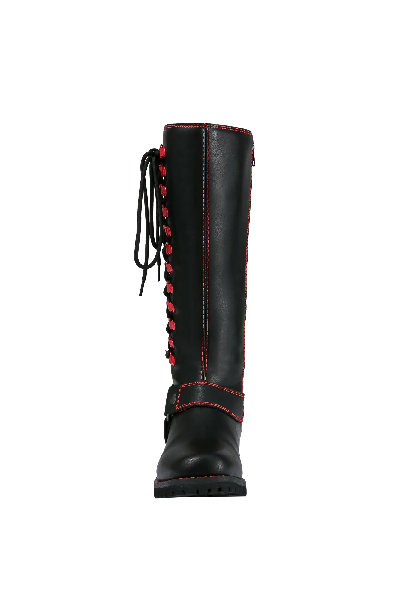 Women's Long Laced and Zipper Side Biker Boots Red Trim