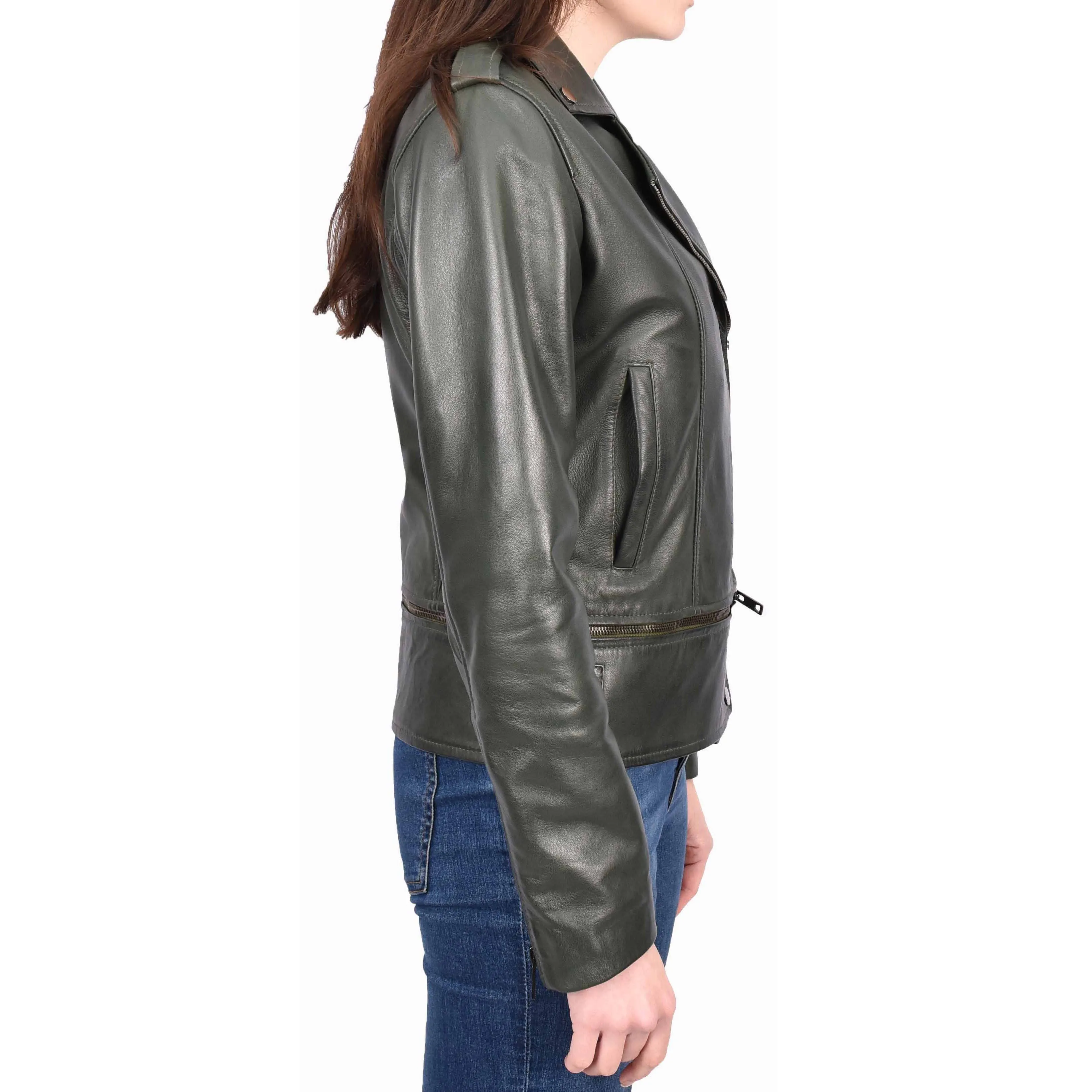 Womens Real Leather Jackets 2 in 1 Style Biker Bolero Zip Off Design Arden Olive Green