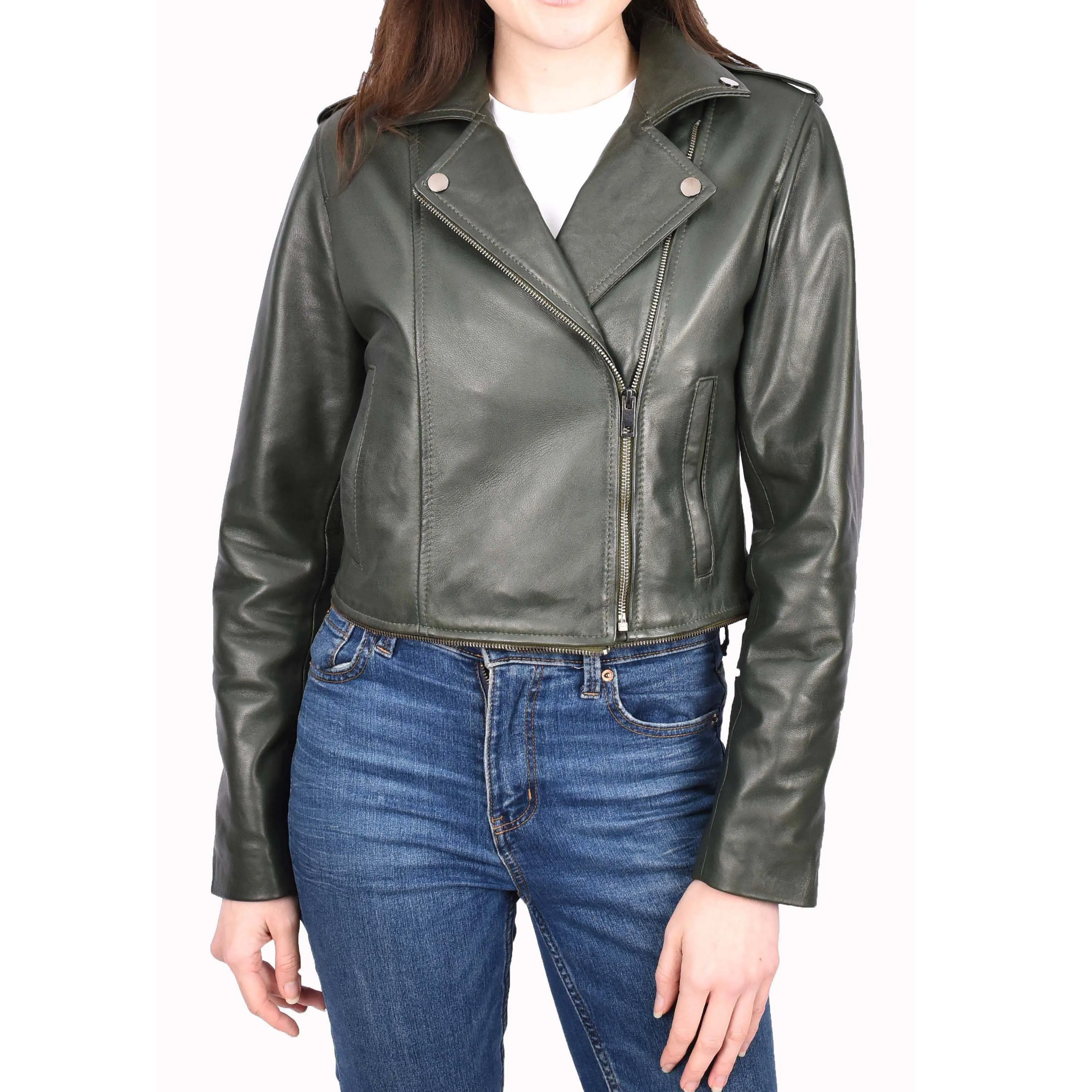 Womens Real Leather Jackets 2 in 1 Style Biker Bolero Zip Off Design Arden Olive Green