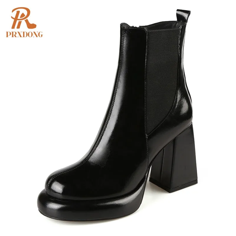 Women's Shoes Genuine Cow Leather Square Toe Black Beige Chunky High Heels Dress Office Working Ankle Boots Shoes