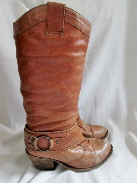 Womens STEVE MADDEN DIABLO Leather HARNESS Engineer Moto BOOTS 6.5 BROWN