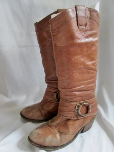 Womens STEVE MADDEN DIABLO Leather HARNESS Engineer Moto BOOTS 6.5 BROWN